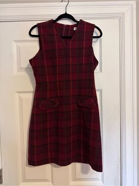Vintage Eddie Bauer Burgundy Plaid Wool Sleeveless Shift Dress